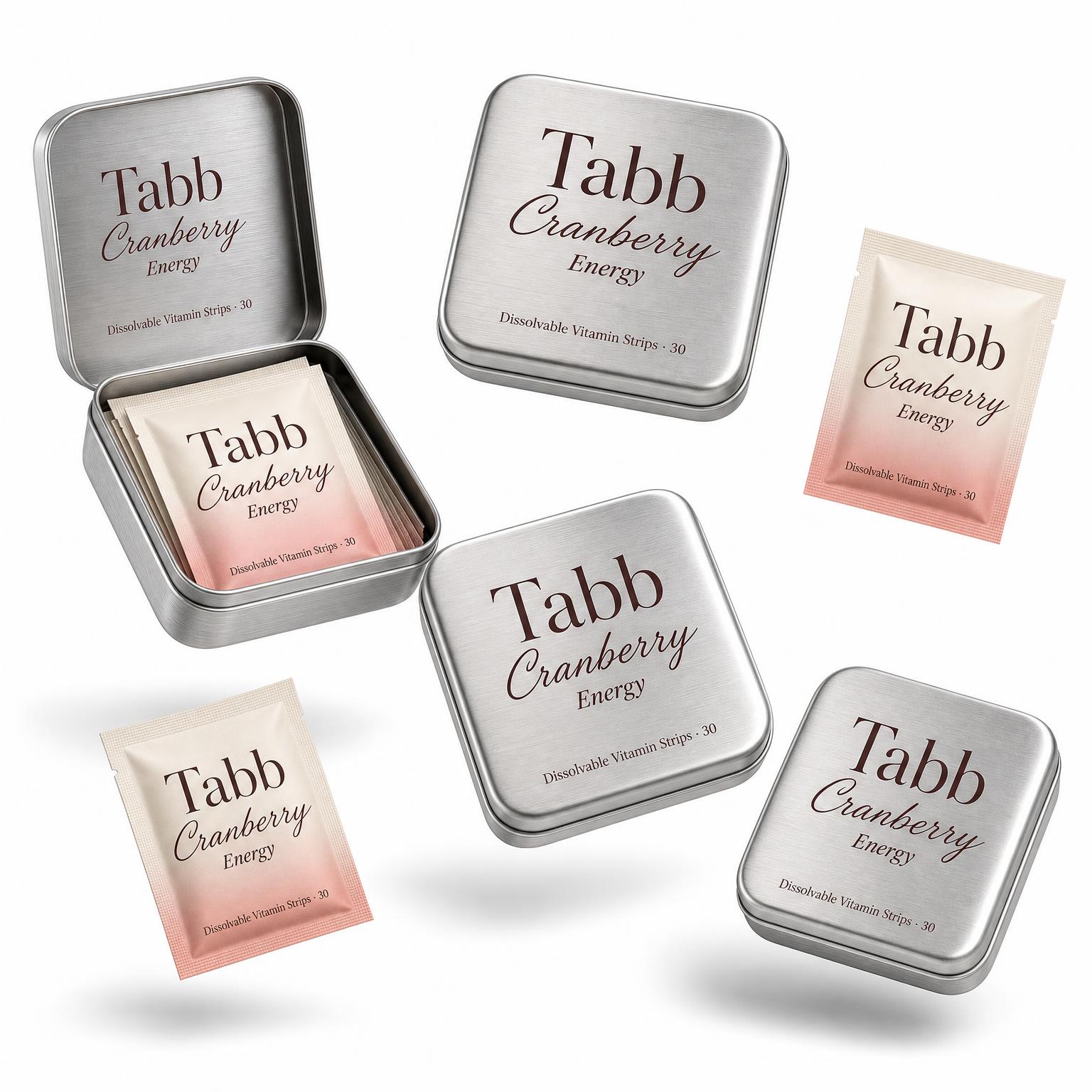 Tabb Cranberry Energy brushed-steel cases and sachets